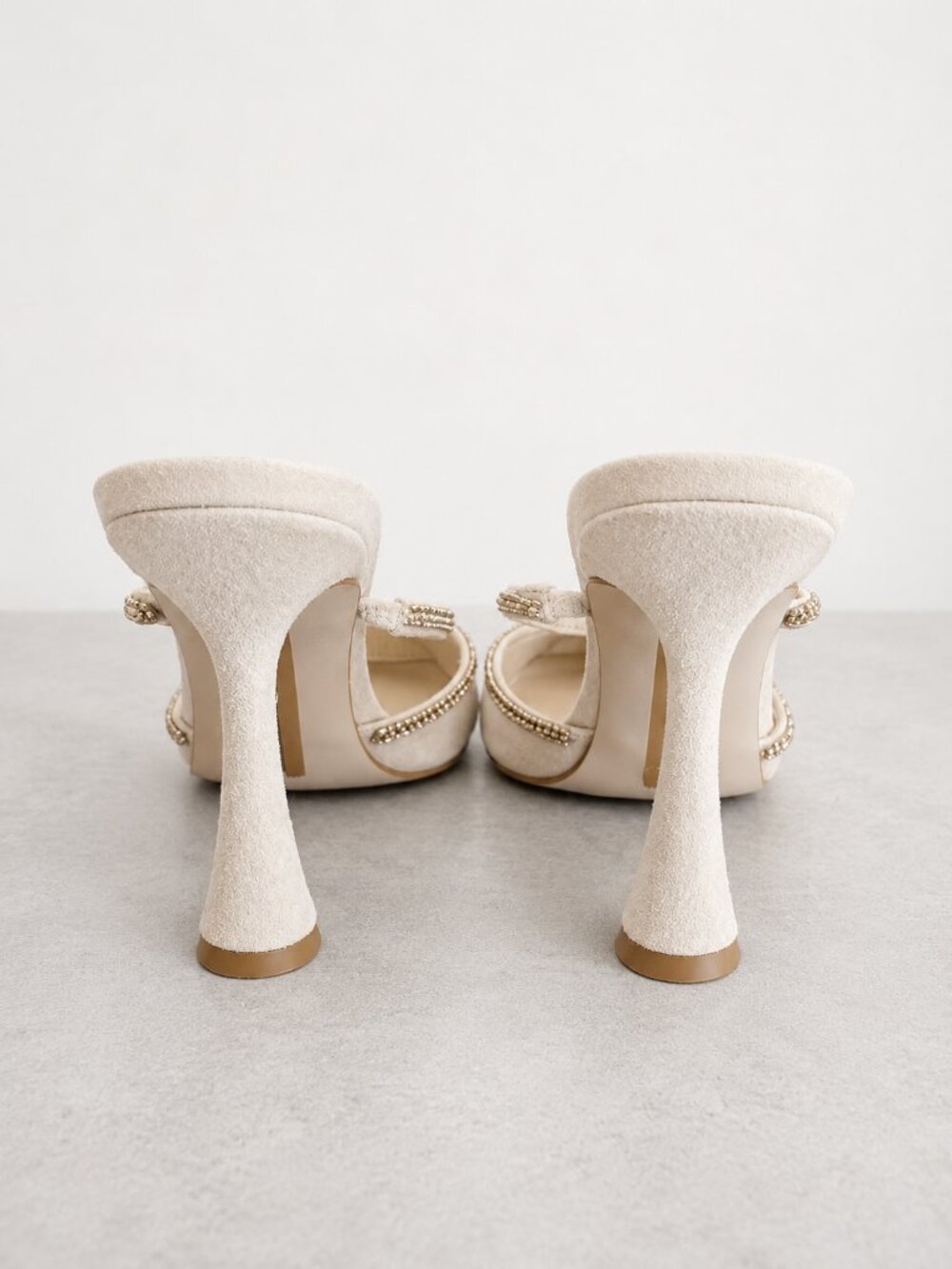 SAM EDELMAN Anita Beige Suede Embellished Pointed Toe Mules Heels - Size 7.5 - Picture 5 of 9